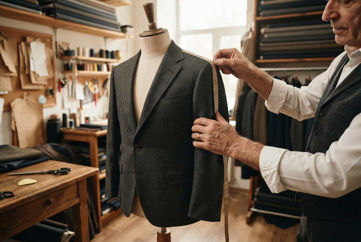 A tailor measuring a charcoal jacket on a mannequin